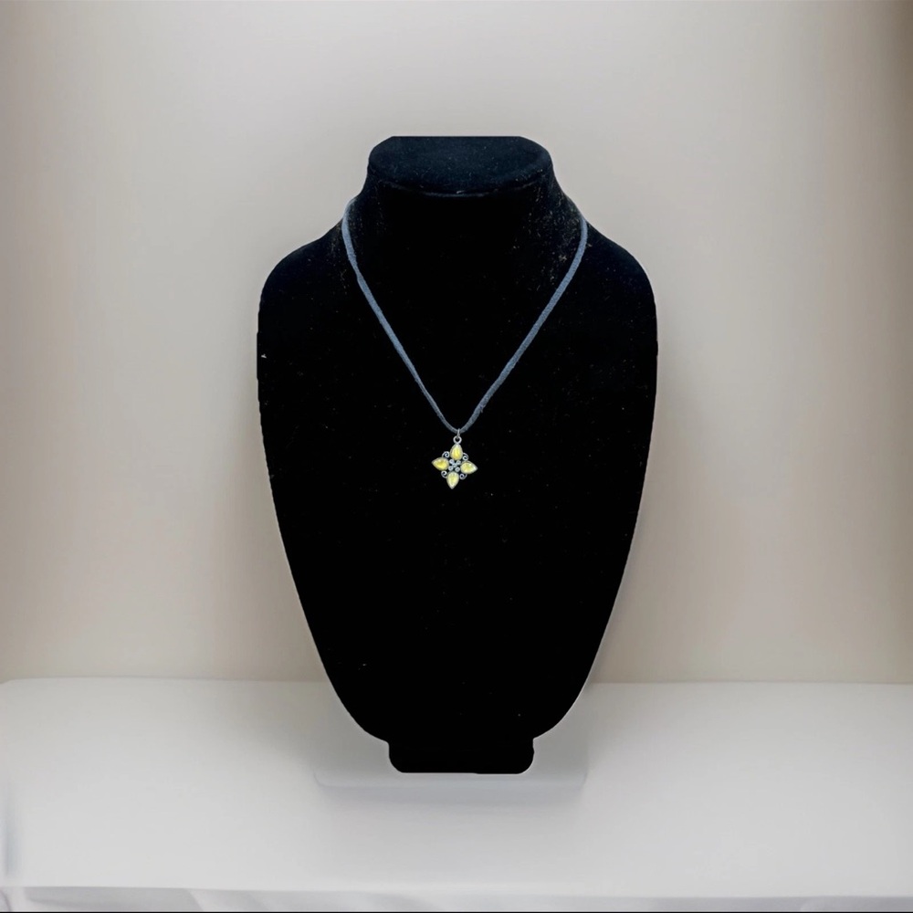 Vintage 1928 Signed Flower Pendant Necklace W/ Yellow Enamel - Adjustable Cord